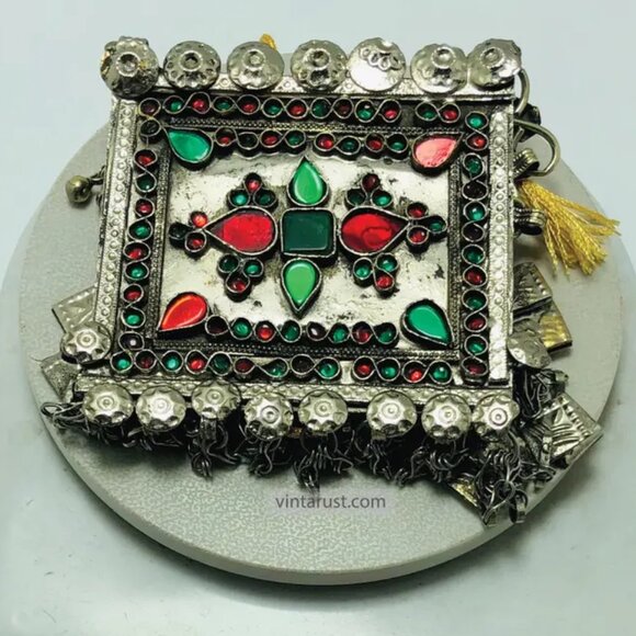 Ethnic Afghan Tribal Necklace, Handcrafted Afghan Necklace with Red and Green - Picture 10 of 11